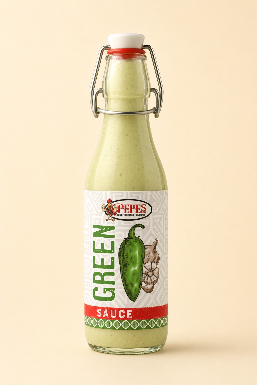 Pepe's BBQ Green Sauce bottle — swing-top glass bottle with house-made aji verde and branded label